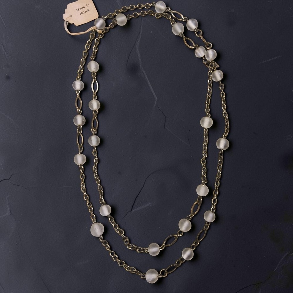 Vintage India 50" Frosted Glass Bead Brass Tone Long Station Necklace